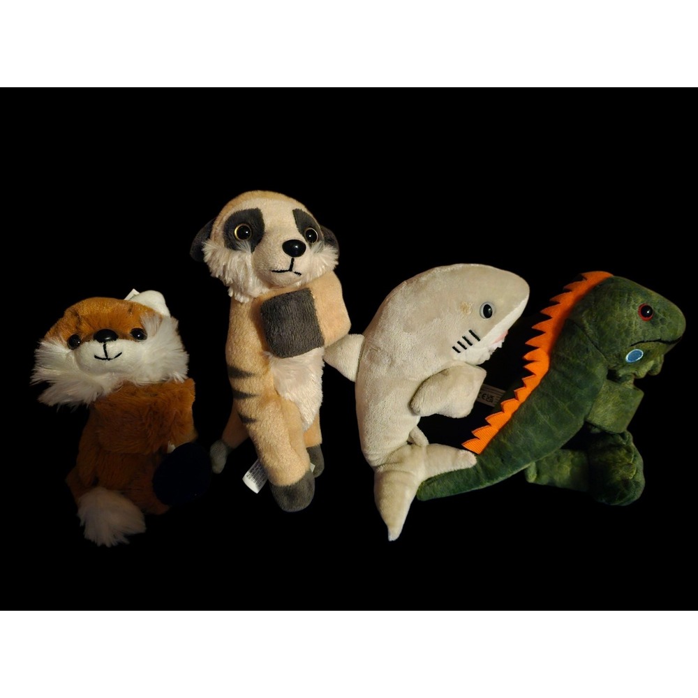 Set Of 4 Wild Republic Wrist Snap HuggerPlush Meerkat, Dragon, Shark, Red Fox